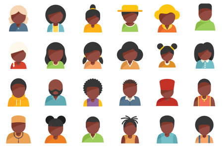 African people icons set flat vector. Hair curly. African people isolatedのイラスト素材