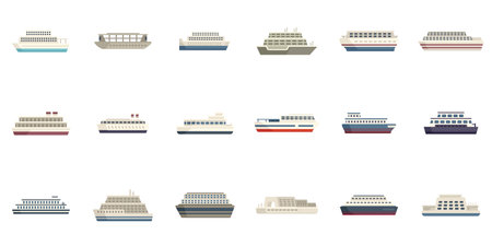Ferry icons set flat vector. Boat delivery. Public cargo isolatedのイラスト素材