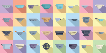 Colander icons set flat vector. Cook strainer. Food cookingのイラスト素材