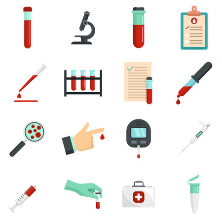 Blood test icons set. Flat set of blood test icons isolated on white backgroundの写真素材