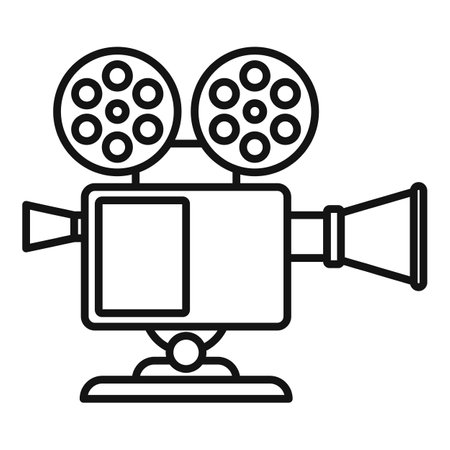 Retro video camera icon. Outline retro video camera icon for web design isolated on white backgroundの写真素材