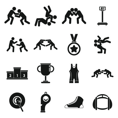 Greco-Roman wrestling icons set. Simple set of Greco-Roman wrestling icons for web design on white backgroundの写真素材