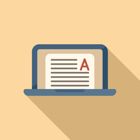 Laptop exam icon flat . Work test. Thesis bookの写真素材