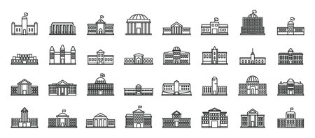 Parliament building icons set. Outline set of parliament building icons for web design isolated on white backgroundの写真素材