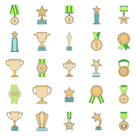 Medal award icon set. Outline illustration of 25 medal award vector icons thin line color flat on whiteのイラスト素材