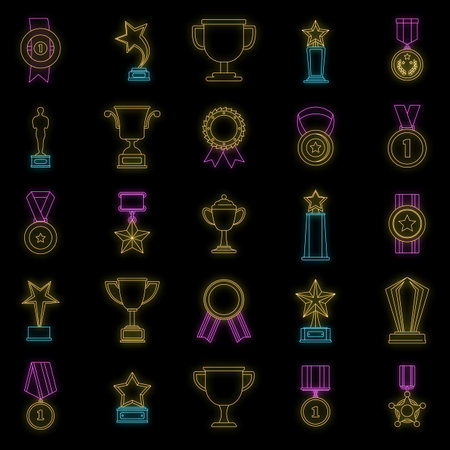 Medal award icon set. Outline illustration of 25 medal award vector icons neon color on blackのイラスト素材