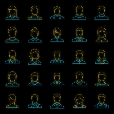 Avatar user icon set. Outline illustration of 25 avatar user vector icons neon color on blackのイラスト素材