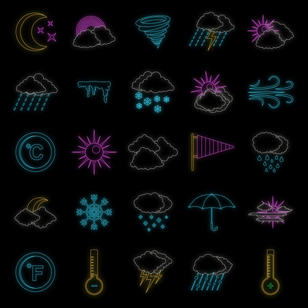 Weather icons set. Outline illustration of 25 weather vector icons neon color on blackのイラスト素材