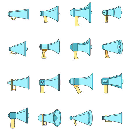 Megaphone loud speaker icons set. Outline illustration of 16 megaphone loud speaker vector icons thin line color flat on whiteのイラスト素材