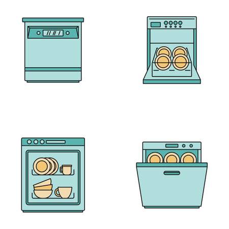 Dishwasher machine kitchen icons set. Outline illustration of 4 dishwasher machine kitchen vector icons thin line color flat on whiteのイラスト素材