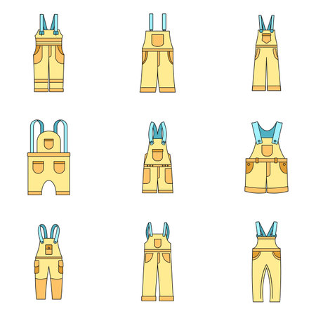 Overalls workwear icons set. Simple illustration of 9 overalls workwear vector icons thin line color flat on whiteのイラスト素材