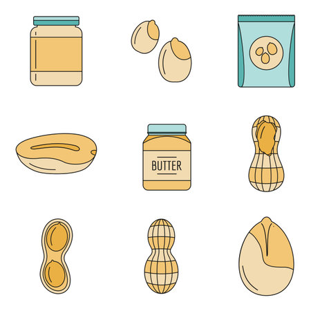 Peanut nuts butter jar icons set. Outline illustration of 9 peanut nuts butter jar vector icons thin line color flat on whiteのイラスト素材