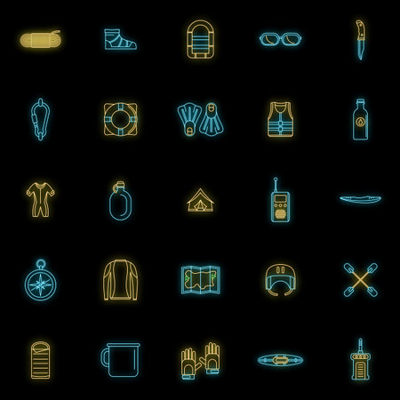 Rafting kayak water canoe icons set. Outline illustration of 25 rafting kayak water canoe vector icons neon color on blackのイラスト素材