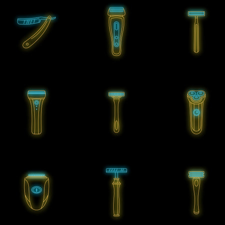 Shaver blade razor personal icons set. Outline illustration of 9 shaver blade razor personal vector icons neon color on blackのイラスト素材