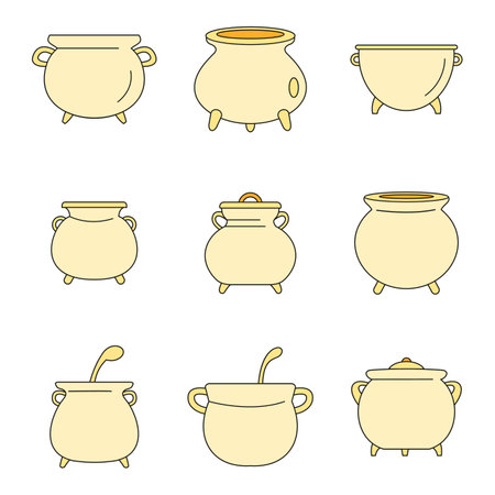 Cauldron pot kettle halloween icons set. Outline illustration of 9 cauldron pot kettle halloween vector icons thin line color flat on whiteのイラスト素材