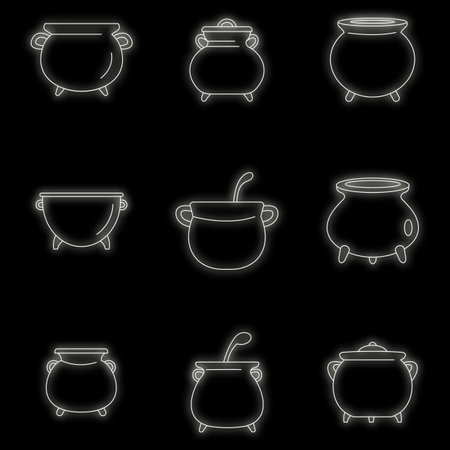 Cauldron pot kettle halloween icons set. Outline illustration of 9 cauldron pot kettle halloween vector icons neon color on blackのイラスト素材