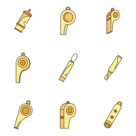 Whistle coaching blow icons set. Outline illustration of 9 whistle coaching blow vector icons thin line color flat on whiteのイラスト素材