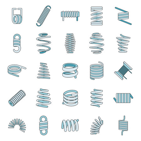 Coil spring cable icons set. Outline illustration of 25 coil spring cable vector icons thin line color flat on whiteのイラスト素材
