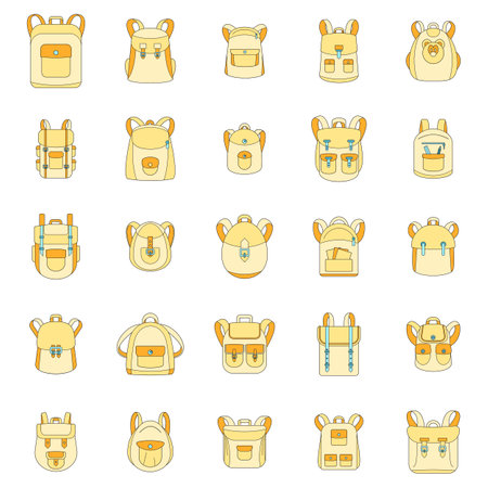 Backpack school travel sport kid camping bag icons set. Outline illustration of 25 backpack school travel sport kid camping bag vector icons thin line color flat on whiteのイラスト素材