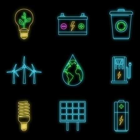Save energy icon set. Outline set of save energy vector icons neon color on blackのイラスト素材
