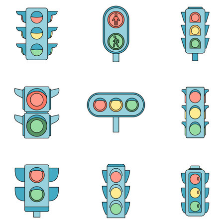 Road traffic lights icon set. Outline set of road traffic lights vector icons thin line color flat on whiteのイラスト素材