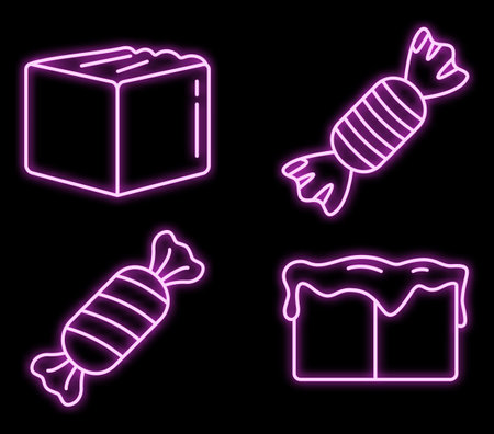 Caramel toffee icons set. Outline set of caramel toffee vector icons neon color on blackのイラスト素材