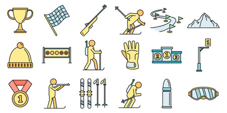 Biathlon ski icons set. Outline set of biathlon ski vector icons thin line color flat on whiteのイラスト素材