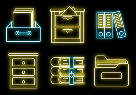Archive library icons set. Outline set of archive library vector icons neon color on blackのイラスト素材