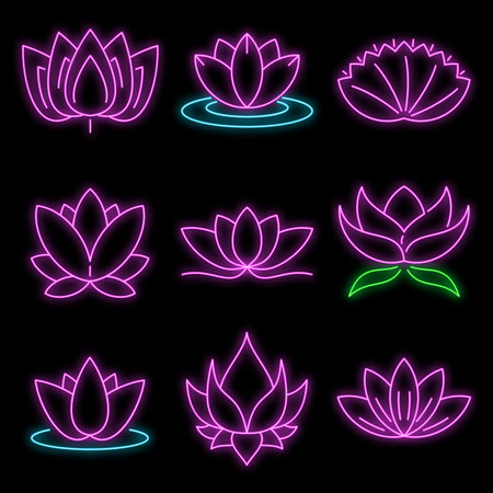 Lotus icons set. Outline set of lotus vector icons neon color on blackのイラスト素材