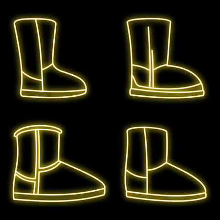 Fashion boots icons set. Outline set of fashion ugg boots vector icons neon color on blackのイラスト素材