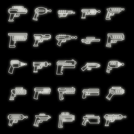 Blaster shotgun icons set. Outline set of blaster shotgun vector icons neon color on blackのイラスト素材
