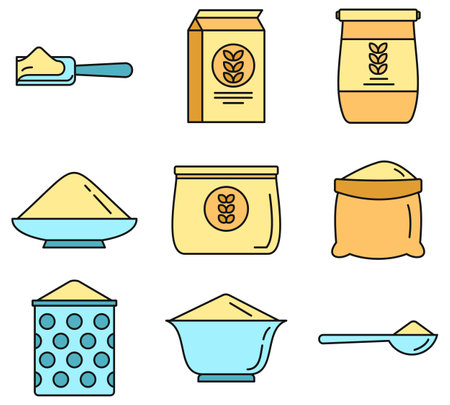 Flour product icons set. Outline set of flour product vector icons thin line color flat on whiteのイラスト素材