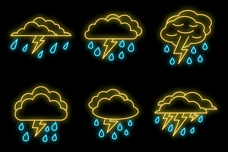 Weather thunderstorm icons set. Outline set of weather thunderstorm vector icons neon color on blackのイラスト素材