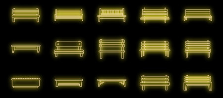 Street bench icons set. Outline set of street bench vector icons neon color on blackのイラスト素材
