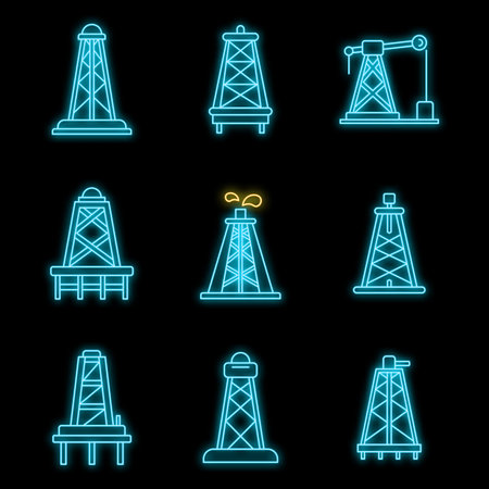 Derrick oil icons set. Outline set of derrick oil vector icons neon color on blackのイラスト素材