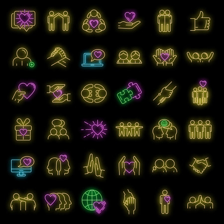 Friendship icons set. Outline set of friendship vector icons neon color on blackのイラスト素材