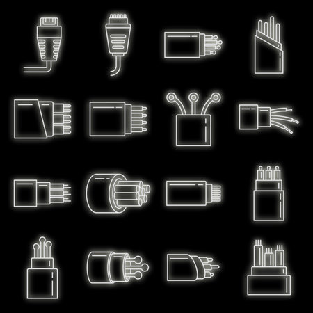 Modern optical fiber icons set. Outline set of modern optical fiber vector icons neon color on blackのイラスト素材
