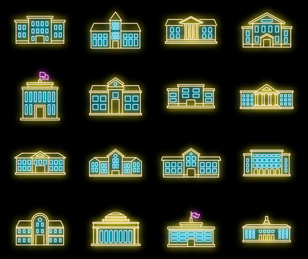 University campus icons set. Outline set of university campus vector icons neon color on blackのイラスト素材
