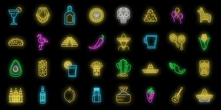 Mexico fiesta icons set. Outline set of Mexico fiesta vector icons neon color on blackのイラスト素材