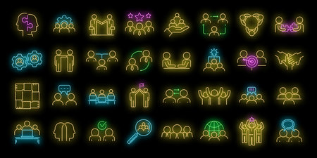 Collaboration icons set. Outline set of collaboration vector icons neon color on blackのイラスト素材