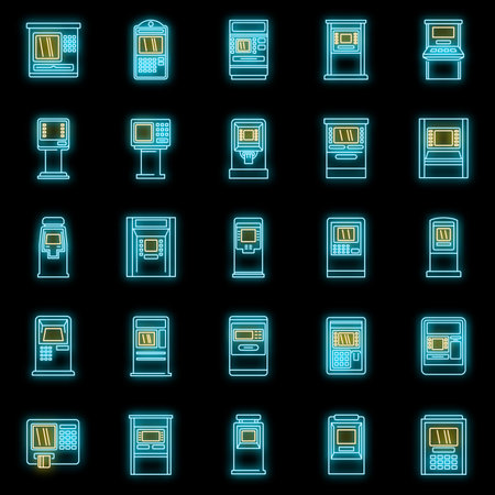 Cash atm machine icons set. Outline set of cash atm machine vector icons neon color on blackのイラスト素材