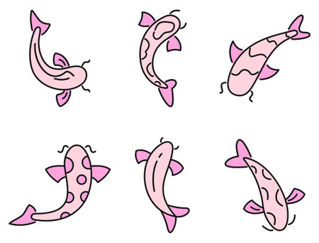 Koi carp icons set. Outline set of koi carp vector icons thin line color flat on whiteのイラスト素材