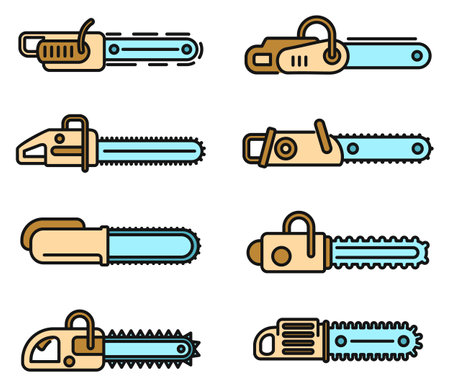 Modern chainsaw icons set. Outline set of modern chainsaw vector icons thin line color flat on whiteのイラスト素材