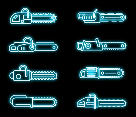 Modern chainsaw icons set. Outline set of modern chainsaw vector icons neon color on blackのイラスト素材