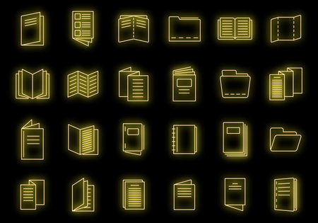 Catalogue icons set. Outline set of catalogue vector icons neon color on blackのイラスト素材
