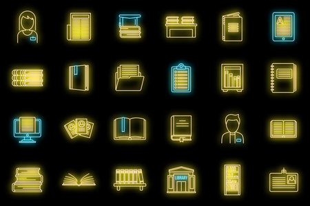University library icons set. Outline set of university library vector icons neon color on blackのイラスト素材