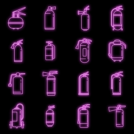Alarm fire extinguisher icons set. Outline set of alarm fire extinguisher vector icons neon color on blackのイラスト素材