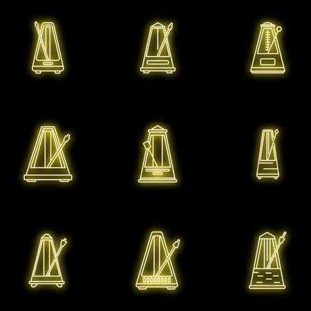 Metronome beat icons set. Outline set of metronome beat vector icons neon color on blackのイラスト素材