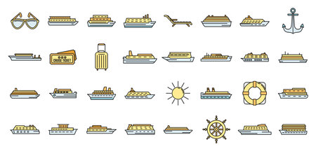 Ocean cruise icons set. Outline set of ocean cruise vector icons thin line color flat on whiteのイラスト素材