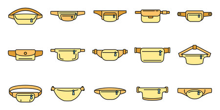 Fashion waist bag icons set. Outline set of fashion waist bag vector icons thin line color flat on whiteのイラスト素材